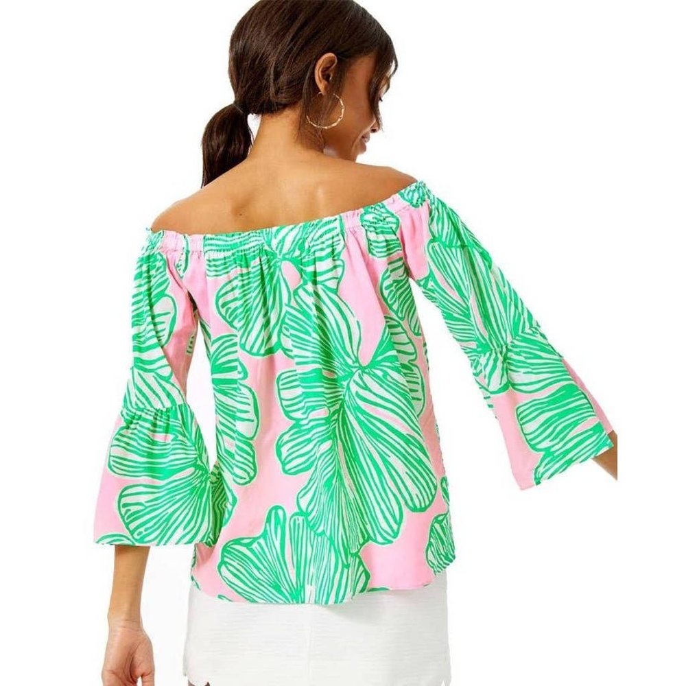 Lilly Pulitzer Nevie Off Shoulder Top Bell Sleeve Mandevilla Pink Green Large